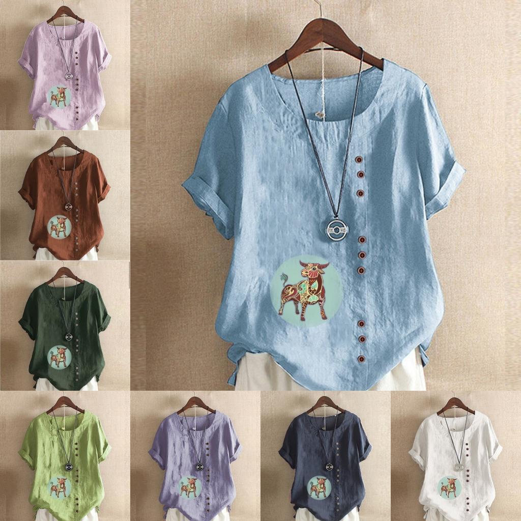 Women's Fashion Round Neck Short Sleeve T-shirt Casual Cotton Linen Graphic Shirt Cattle Prined Summer Blouse Tops Plus Size