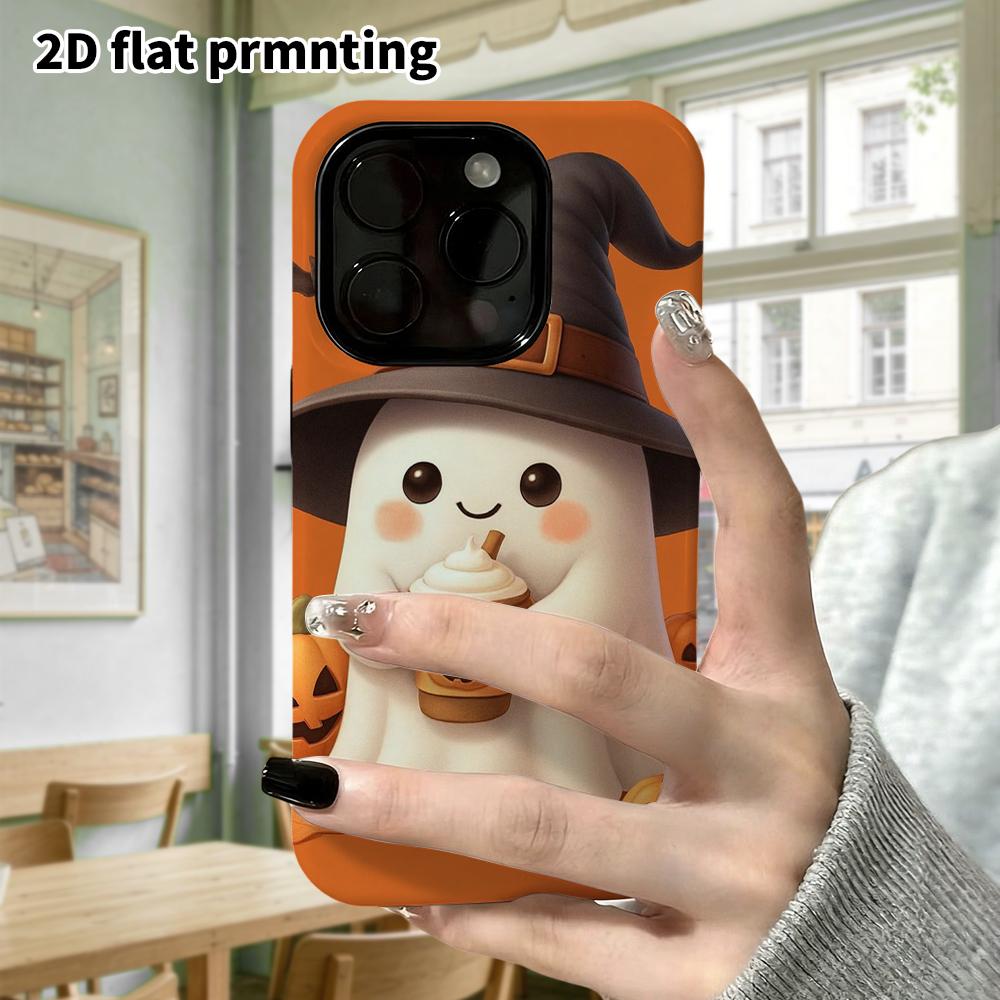 Phone case: 2D flat design suitable for iPhone 18 17 16 15 14 13 Pro film protective case, couple style, solid orange background, Christmas and Hallow