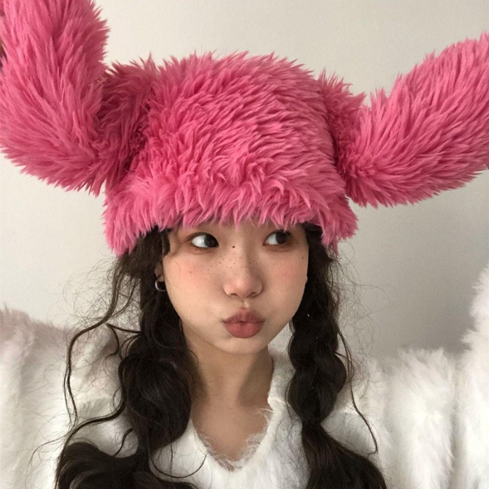 Cute Pullover Furry Cap Warm Plush Winter Beanies Cartoon Bunny Ear Hat Streetwear