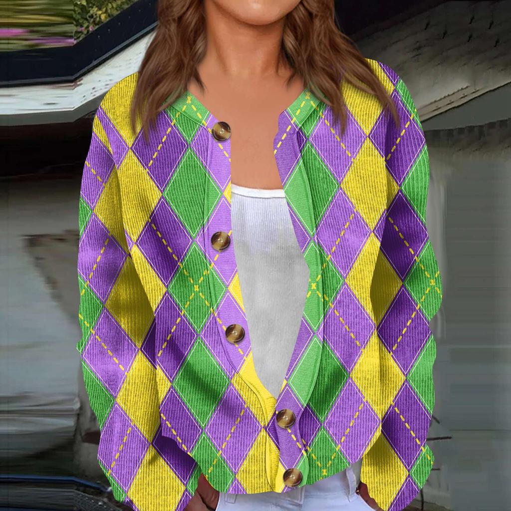 Женский кардиган с длинным рукавом и принтом «Карнавал» на пуговицах