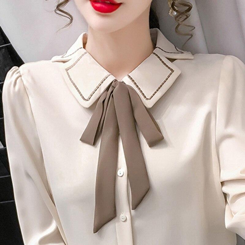 Bow Lapel Chiffon Blouse Women Sexy Office Shirts Long Sleeve Korean Style Thin Women Loose Shirt