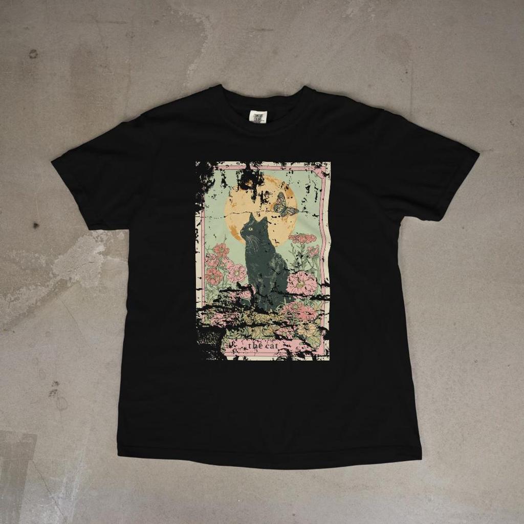 Футболка с картой Таро Черная Кошка Винтажная Графическая футболка Кот Луна - Мистическая Готическая Рустикальная Рубашка - Потертый Ретро Эстетичный Хлопковый Топ