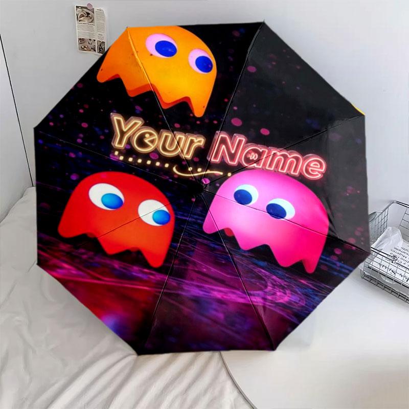 1 шт. Автоматический складной зонт - Узор Pac-Man с индивидуальным именем, Портативная и складная конструкция с 8 спицами, Рождественские и Дни рождения Подарки