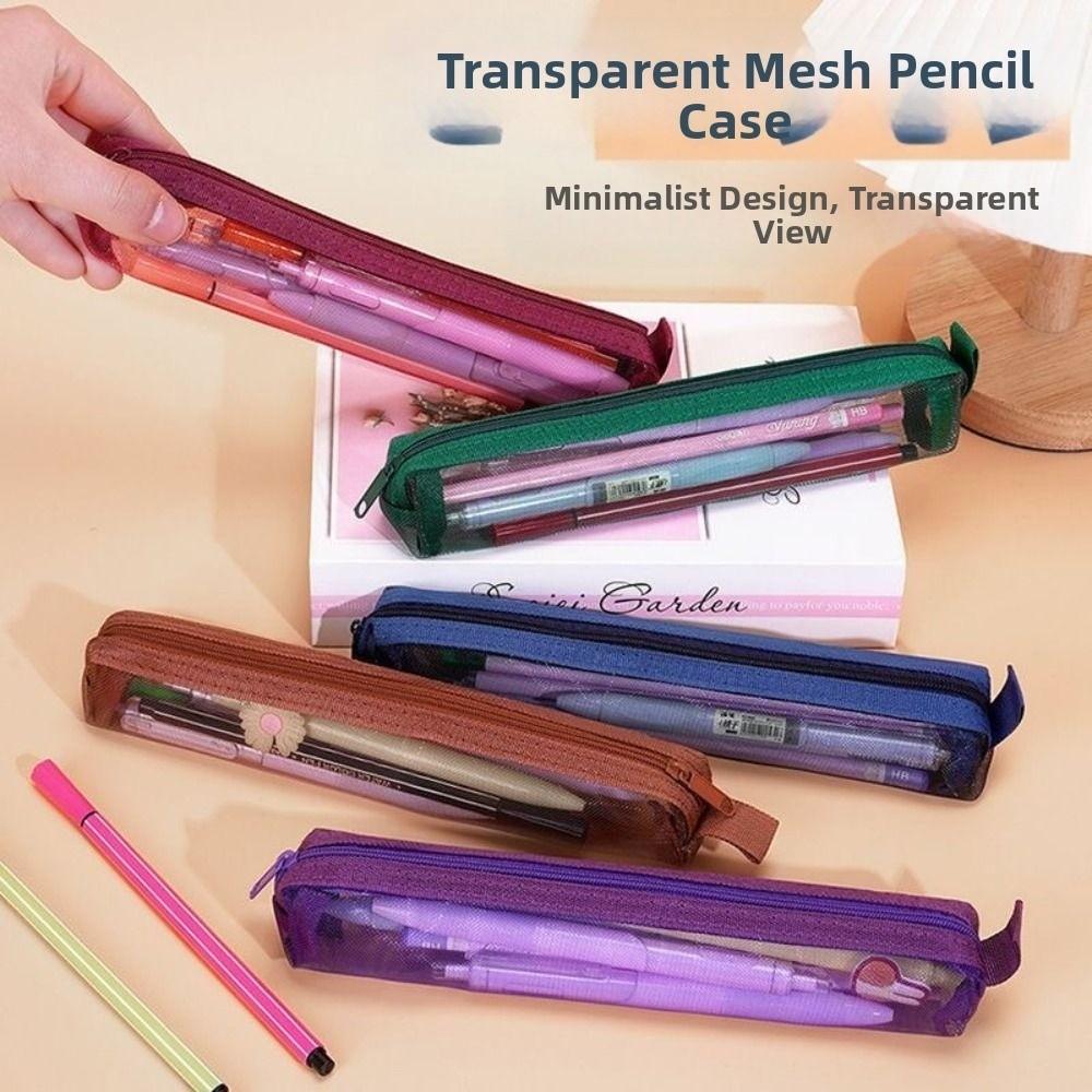 5Pcs Portable Pencil Storage Bag Casual Zipper Stationery Pouch Trendy Mesh Pencil Case Student