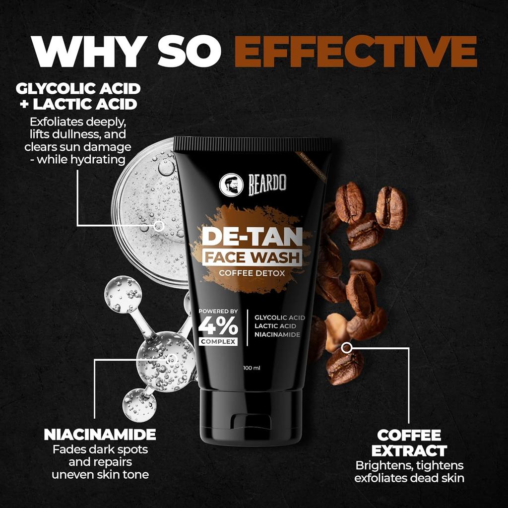 Beardo DeTan Face Wash For Men 100 ml Glycolic Acid Niacinamide Coffee Exfoliating Oil Control Cleanser For Smooth Skin