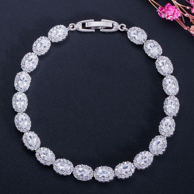 Pera Lovely Women Jewelry Rose Red Cubic Zirconia Crystal Oval-Shape Connected Chain Link Bracelets for Ladies Party Gift B050