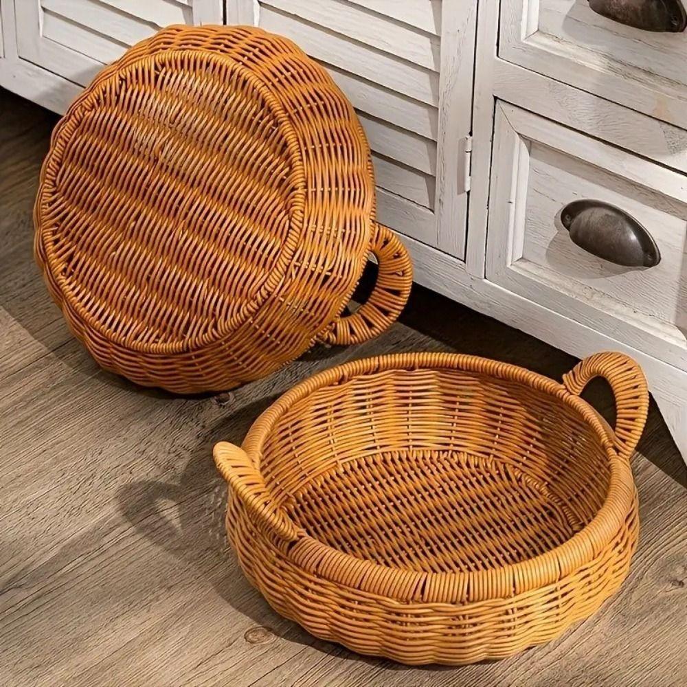 Большая емкость Корзина для хранения из искусственного ротанга Пластиковый Декоративный Круглый Поддон для хранения из ротанга Ручная работа с ручкой