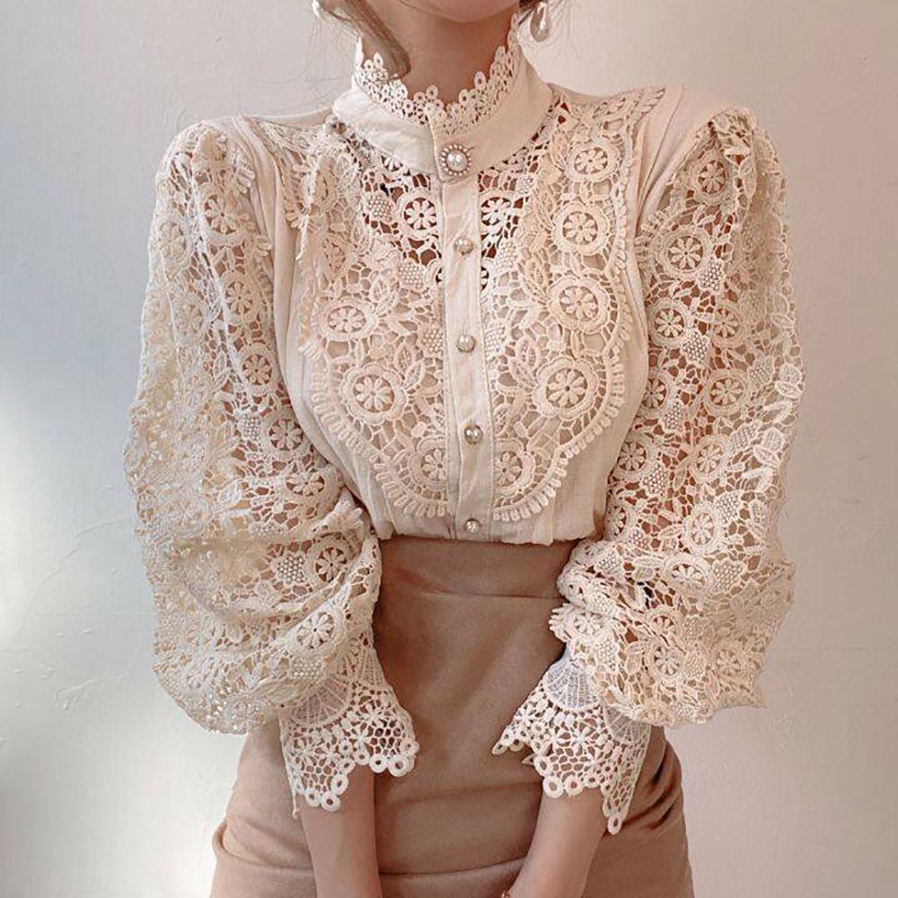 2023 Summer Lace Hollow Long-Sleeve Stand Collar Cotton Women's Shirt