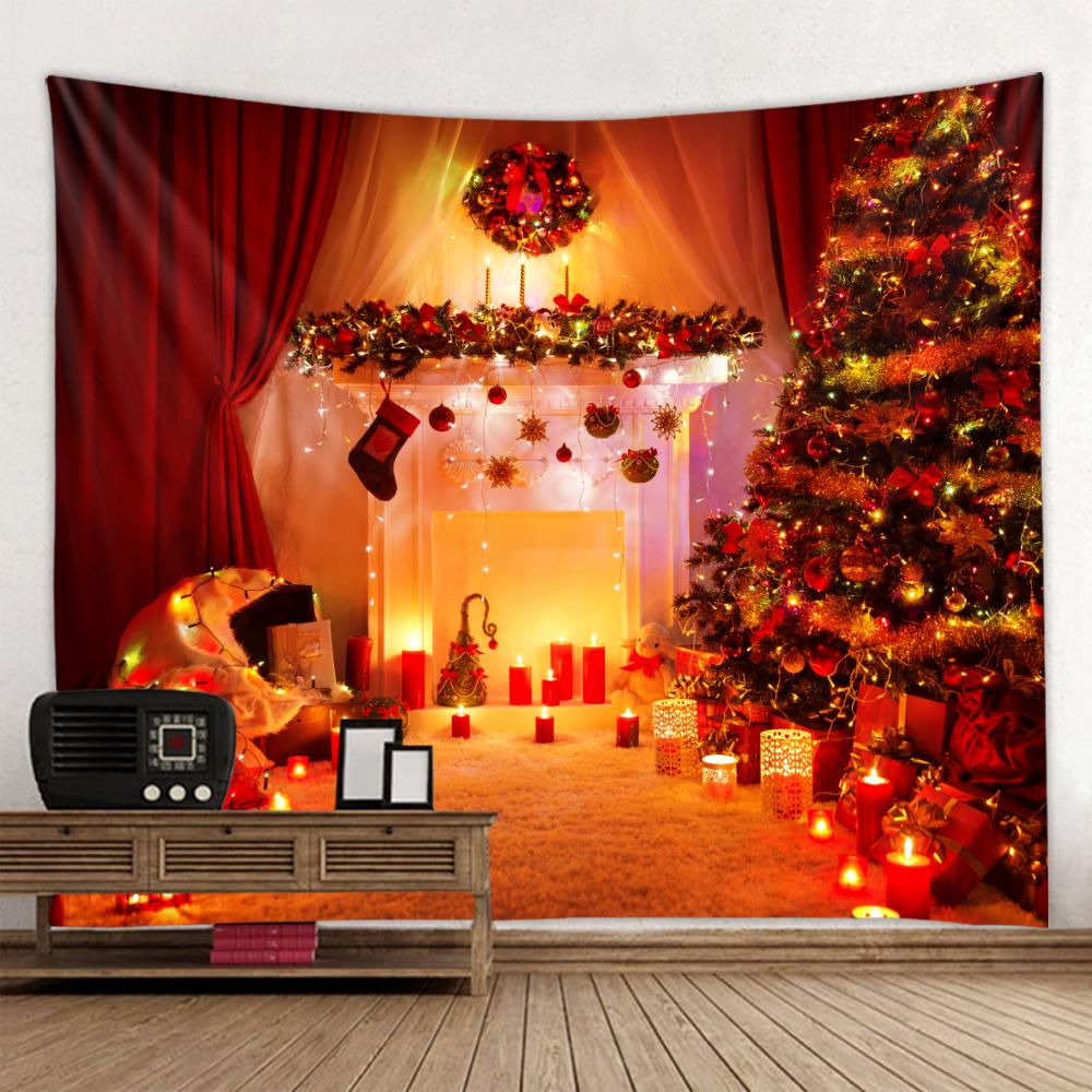 Fireplace Christmas Tree Print Tapestry Christmas Room Wall Decoration Backdrop Fabric Home Decor Tapestry Tapeçaria De Natal