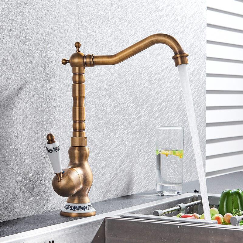 Kitchen Basin Faucet Bath Kitchen Sink Faucets Antique Brass Single Handle Kitchen Deck Mounted Hot and Cold Water Mixer Basin Sink Taps