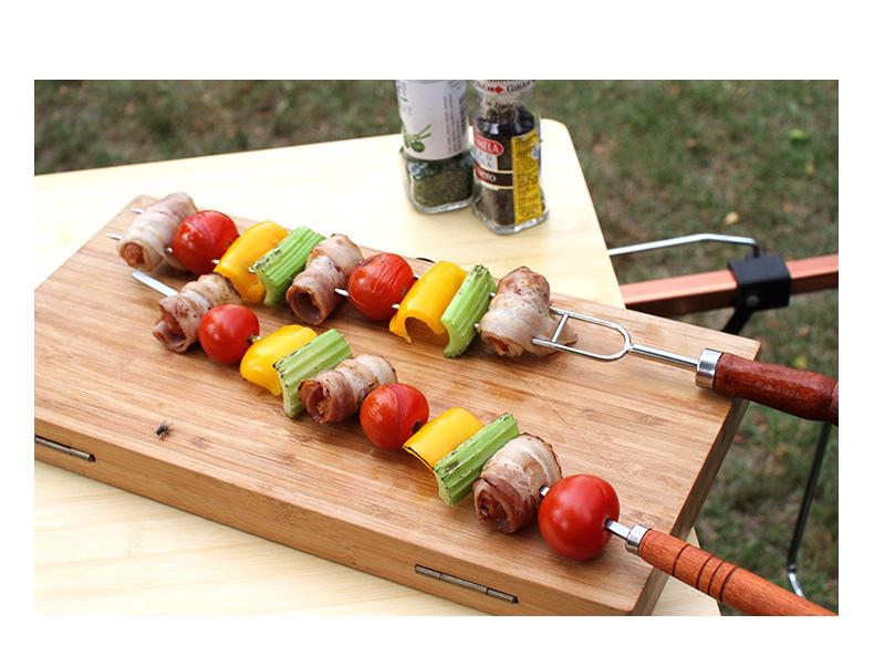 Korean Portable Outdoor BBQ Skewer Set: Stainless Steel U-Shaped Wooden Handle, 7-Piece.
