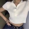 Y2K European and American Spring/Summer New Sexy Knitted Ribbed Polo Neck with Naked Navel Solid Short Sleeved Top for Women