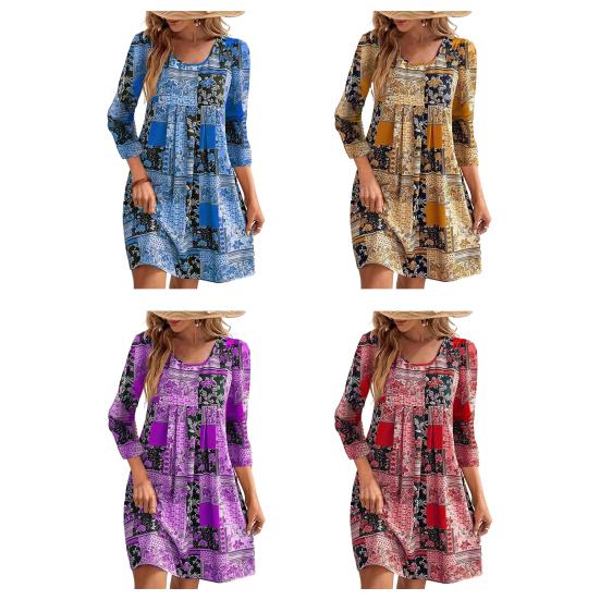 Женское весеннее платье в стиле ретро с этническим принтом, длинным рукавом и круглым вырезом, свободный пуловер, мягкий дышащий женский мини-платье длиной выше колена