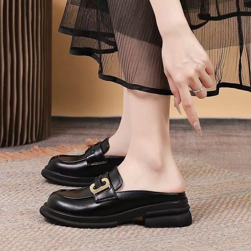 Spring and Autumn New Soft-soled British Small Leather Shoes Women's Versatile Casual Fashion One Pedal and Half Slippers