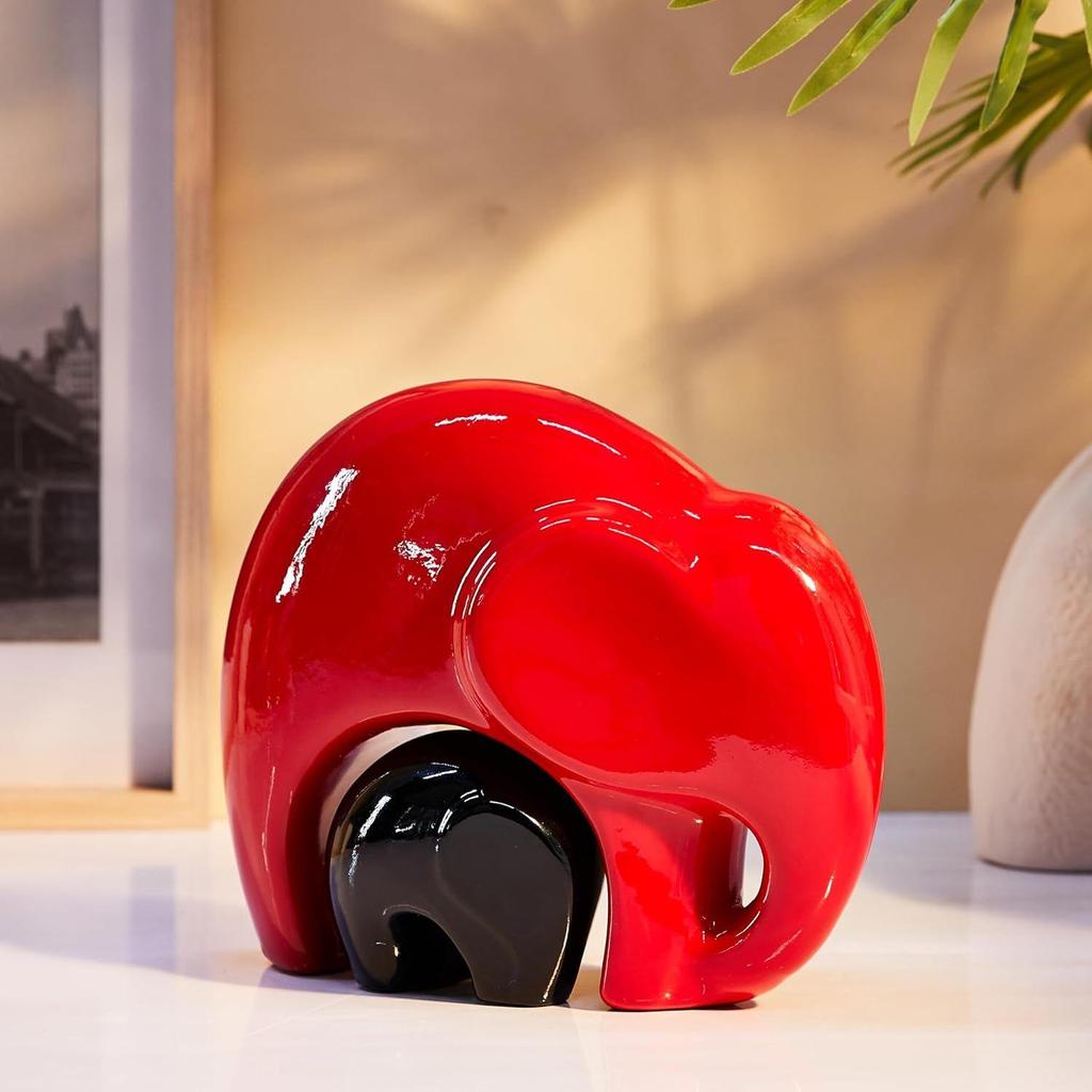 New Home Decor Happy Charm Elephant Mother & Child | Piano Finish Ceramic Figures (Set of 2 Pieces, Red and Black)