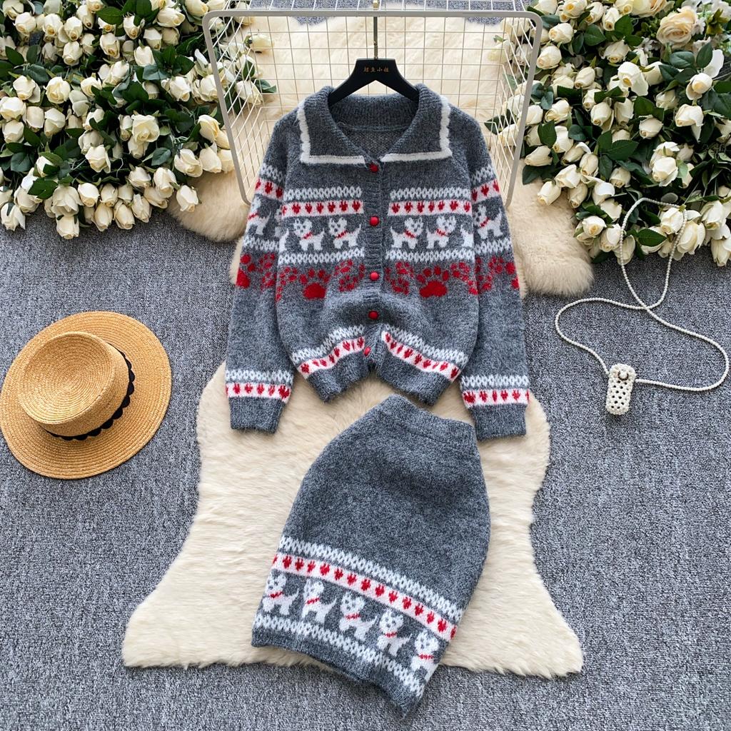 Autumn Winter Women Casual Print Knitted Twist Sweater Two Piece Set Single Breasted Cardigan Jacket and Mini Bodycon Skirt Christmas Outfit