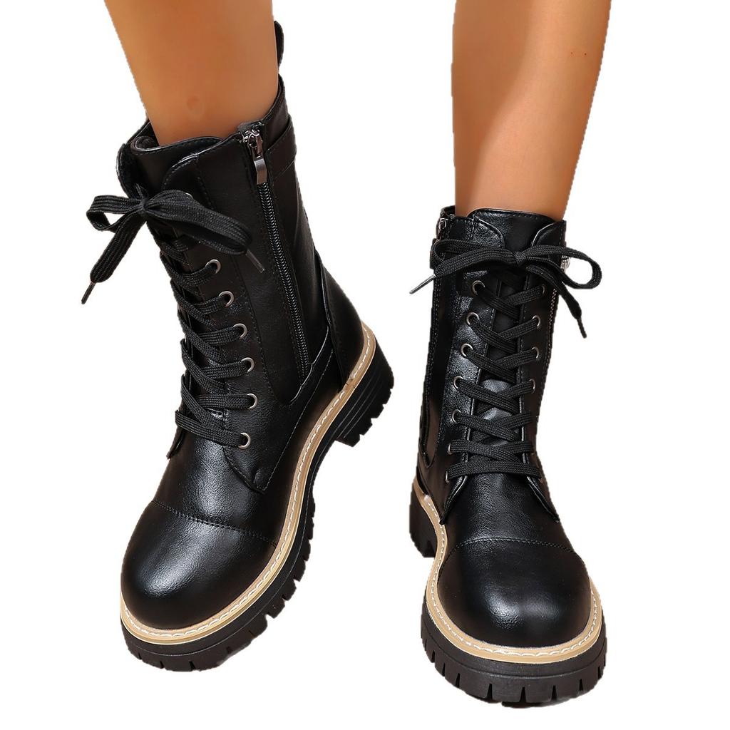New Women's Fashion Boots for Autumn and Winter with Front Lacing Solid Color Low-heeled Mid-leg Boots Plus Size