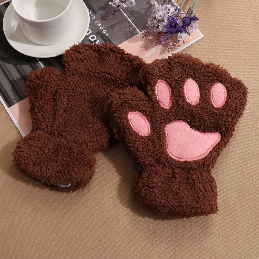 14Colors Women Winter Lovely Fluffy Fingerless Plush Bear Cat Paw Gloves