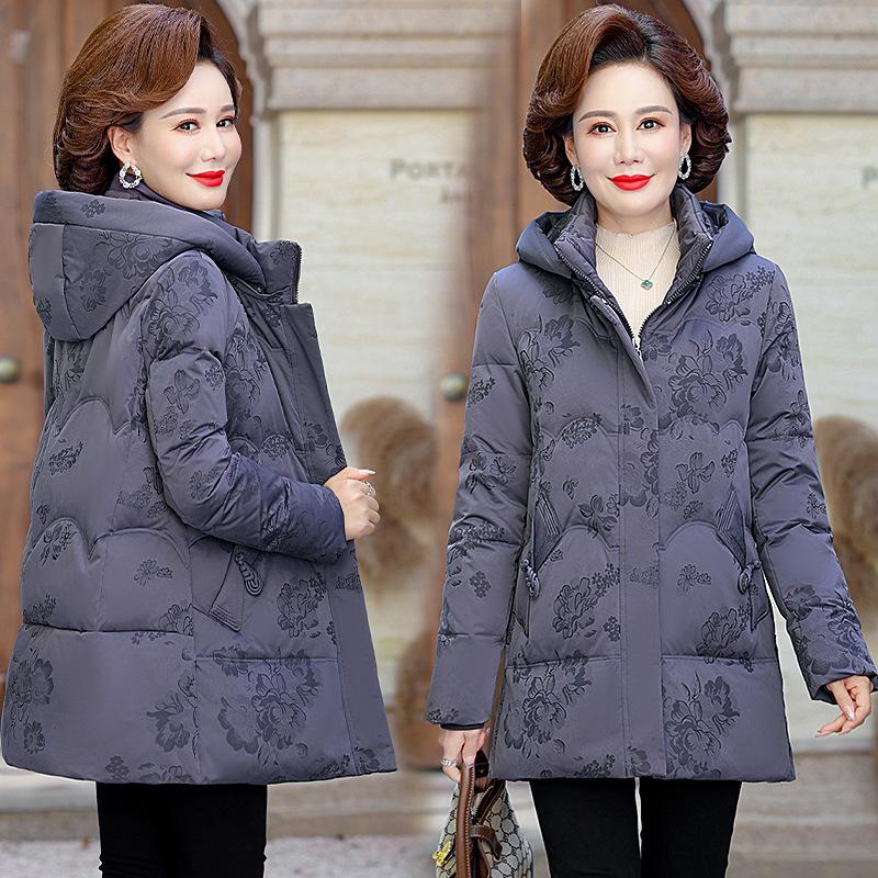 Пуховик женский средней длины зимний новый стиль с капюшоном модный тонкий большой размер женская куртка для мам