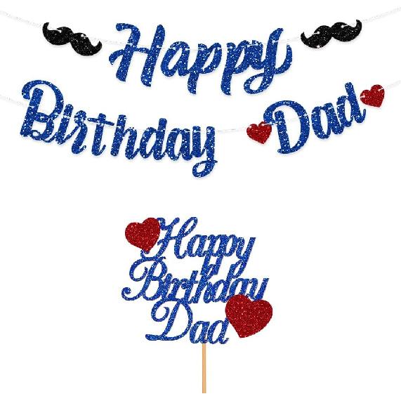 Pre-strung Happy Birthday Dad Decorations Banner Daddy Cake Topper Blue Glitter Father's Day Best Dad Ever Decor Party Supplies NO DIY