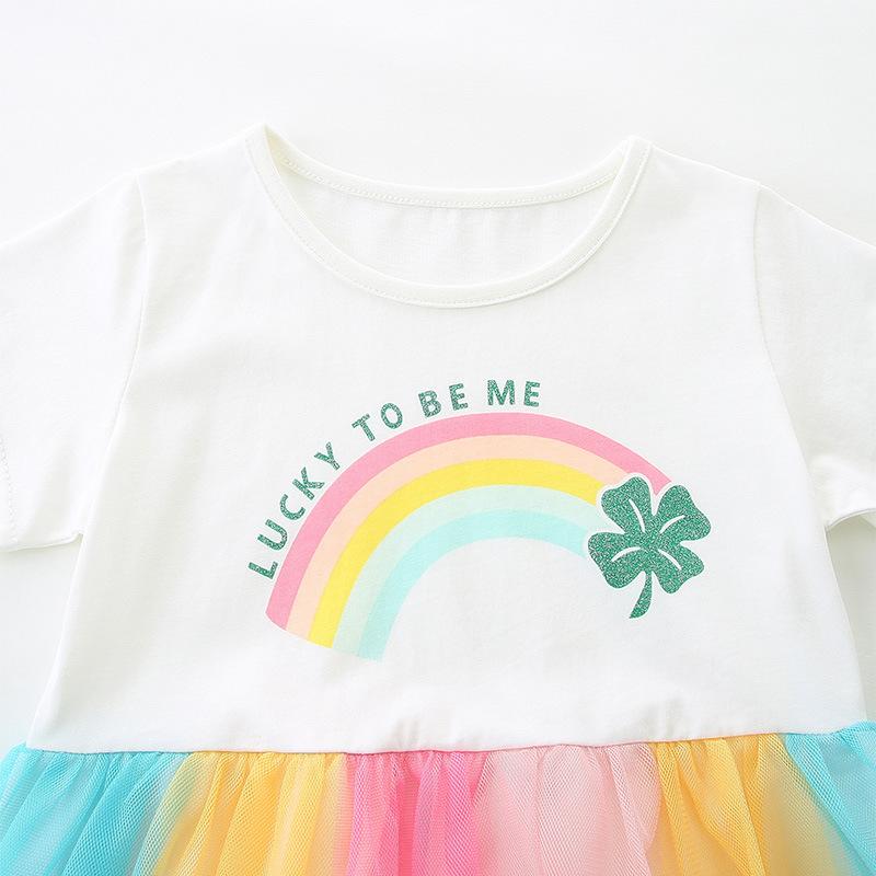 Summer New Arrivals: Girls' Rainbow Print Princess Dress Round Neck Tulle Skirt for Younger Children