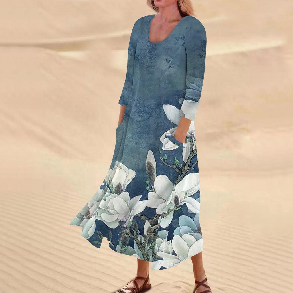 Женское повседневное модное удобное платье с карманами и рукавами 3/4 с принтом