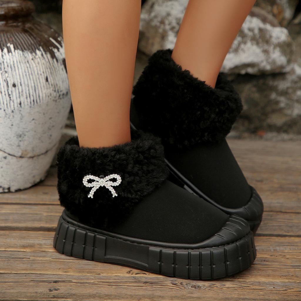 Fashion Soft Thick Bottom Non Slip Furry Snow Boots Women 2025 Winter Chunky Platform Fluffy Fur Ankle Boots Warm Plush Bowknot Shoes