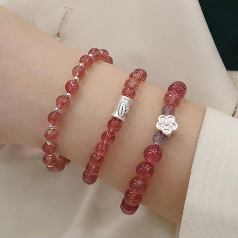 S925 Sterling Silver Natural Strawberry Crystal Bracelet Bracelet Bangles Women Fashion Jewelry Accessories Gift