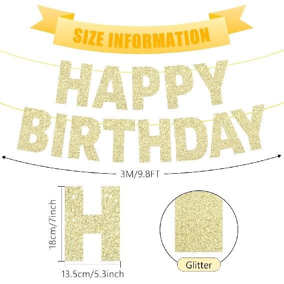 Pre-Strung Happy Birthday Banner - NO DIY - Glitter Gold Birthday Party Decorations for Women Men Kids