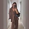 Women's Retro 2-Piece Casual Set, V-Neck One-Button Loose Long Sleeve Top + High Waist Trousers