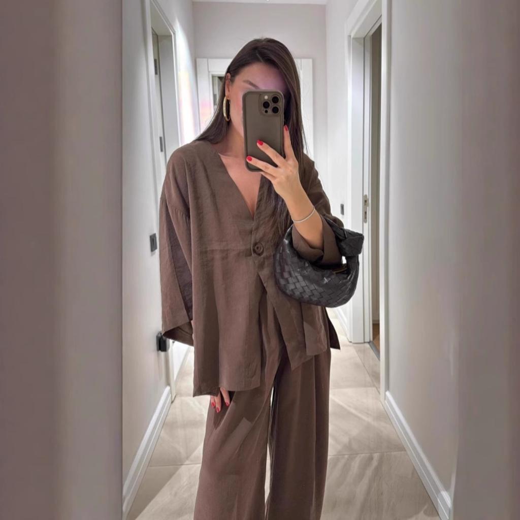 Women's Retro 2-Piece Casual Set, V-Neck One-Button Loose Long Sleeve Top + High Waist Trousers