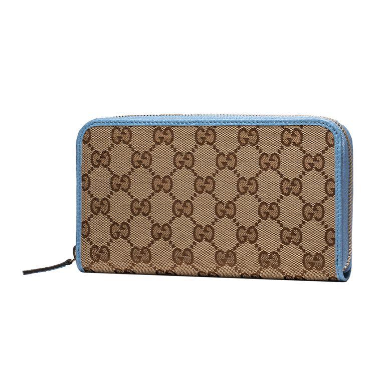 Gucci Monogram Logo Color Block Trim Canvas And Leather Long Zip Wallet Women wallet Ebony Blue Candy-Color 363423-KY9LG-8611