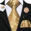 Designer Mens Gold Tie with Boutonniere Wedding Dating Paisley Silk Necktie Ties Hanky Cufflinks Set