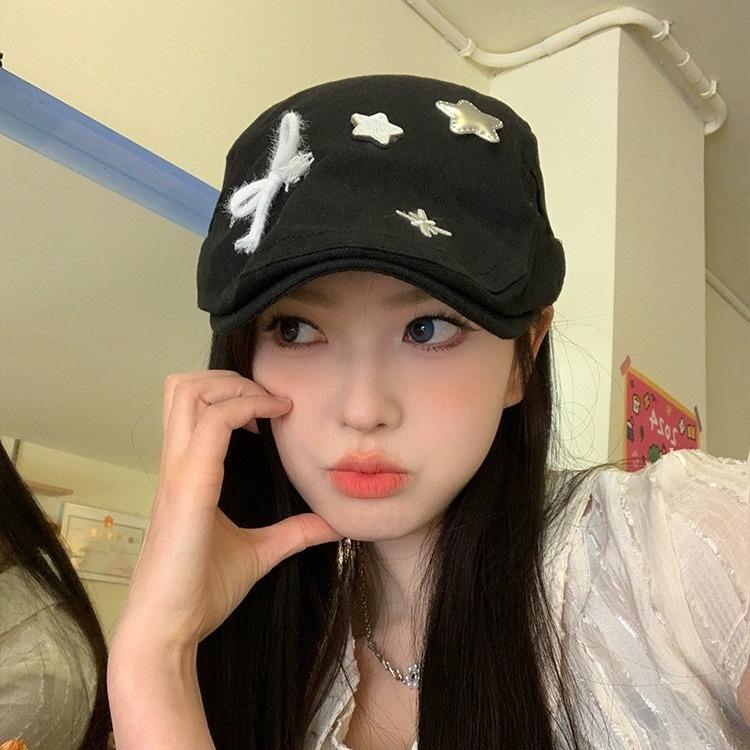 Star bow black forward hat retro versatile big head circumference beret showing face small painter hat tide