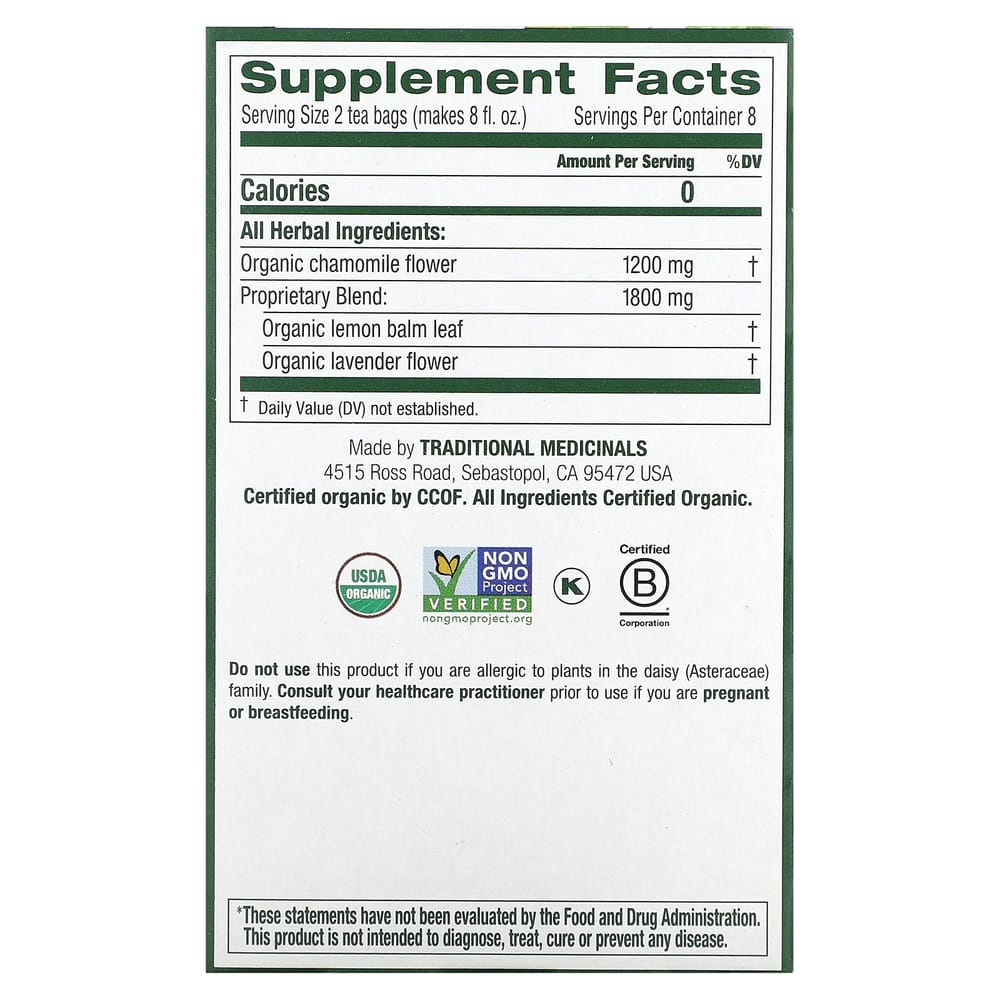 IHerb Traditional Medicinals Чай с ромашкой и лавандой без кофеина, 16 чайных пакетиков, 24 г (0,85 унции.)