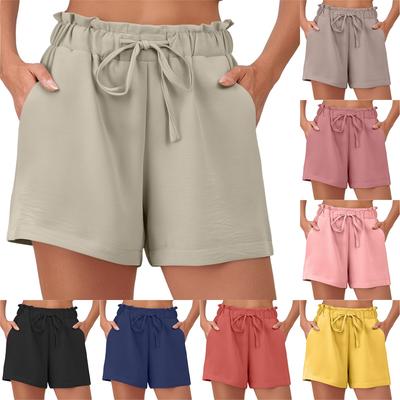 Льняные шорты для женщин, летние повседневные, с высокой талией, широкие, на шнурке, пляжные, свободные шорты, удобные, модные наряды