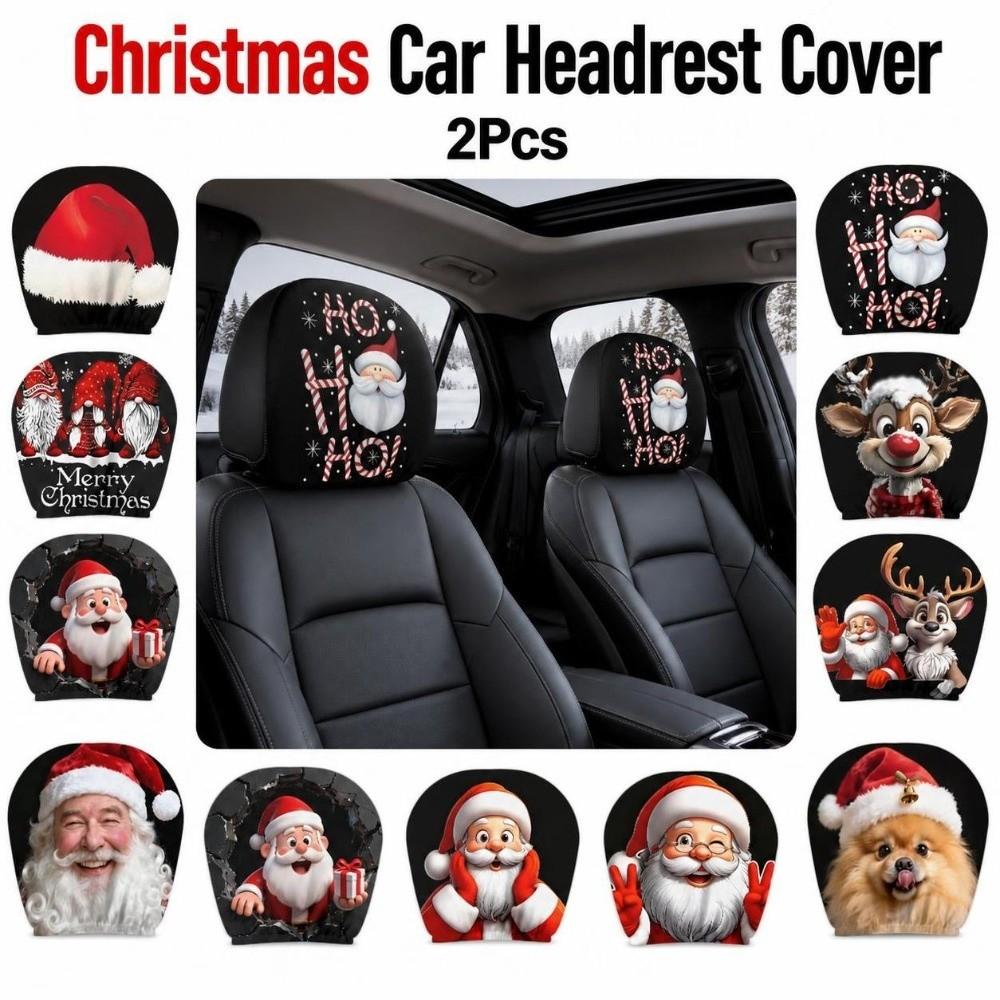 2Pcs Santa Claus Car Headrest Cover Cartoon Auto Seat Headcover Gift for Car Lover