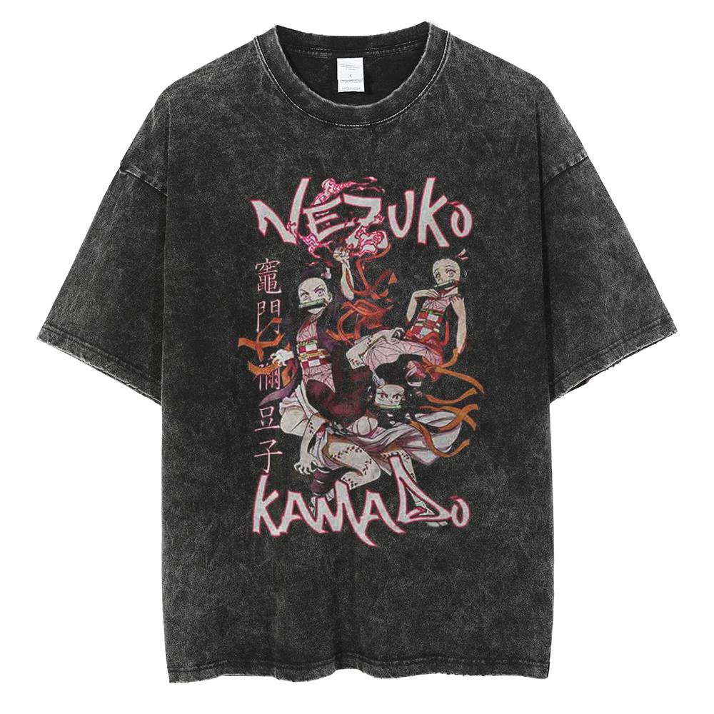 Hot Anime Demon Slayer Kokushibo Graphic Print Washed T Shirt Men Vintage Cotton Tshirts Manga Casual Tee Harajuku Male T-shirt