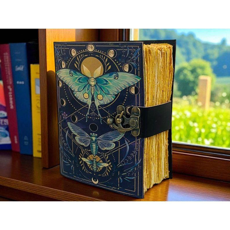 Luna Moth Grimoire – Handmade Spell Book with Lock | Personalized Wiccan Leather Journal with Deckle Pages | Witchy Gift