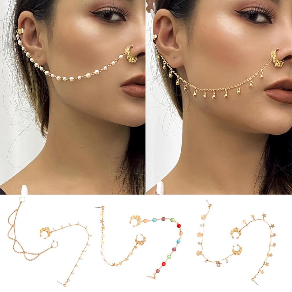 European & American Punk-Style Imitation Pearl Butterfly Tassel Earrings & Nose Clip for Women