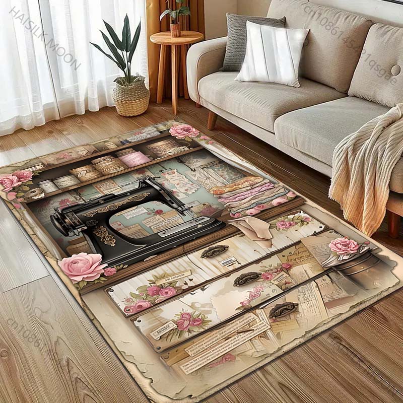 Sewing Machine Retro Style Painting Carpet for Living Room Bedroom Doormat Home Decor Sofa Table Area Rug Non-slip Floor Mat