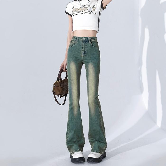 Light American Style Micro-flare Jeans for Women In Spring New High-waist Slim Bell-flare Trousers