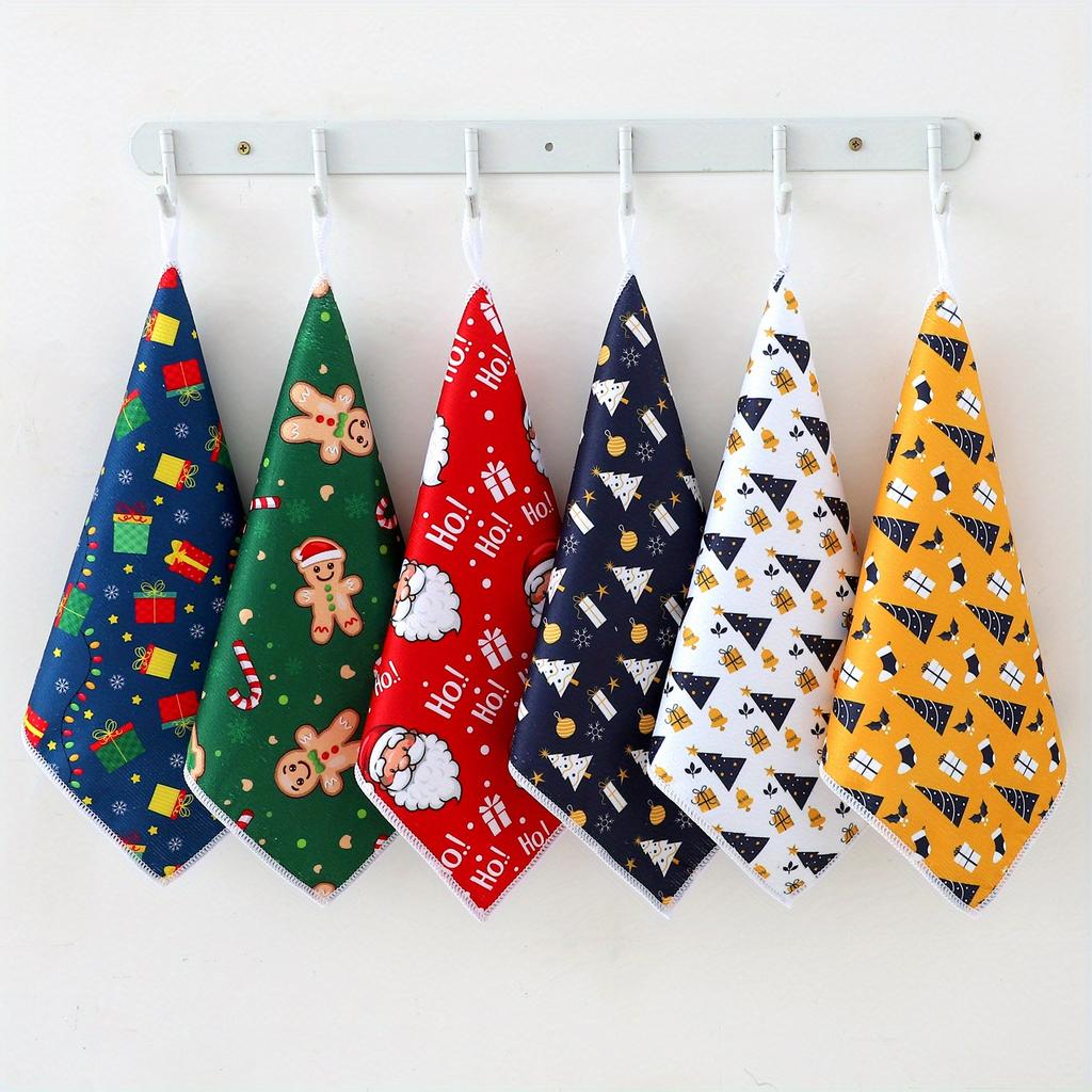 Christmas Cartoon Dish Towels Set, 1/3/6-Pcs - Polyester Knit Fabric Low Lint Kitchen Towels with Santa and Holiday Theme