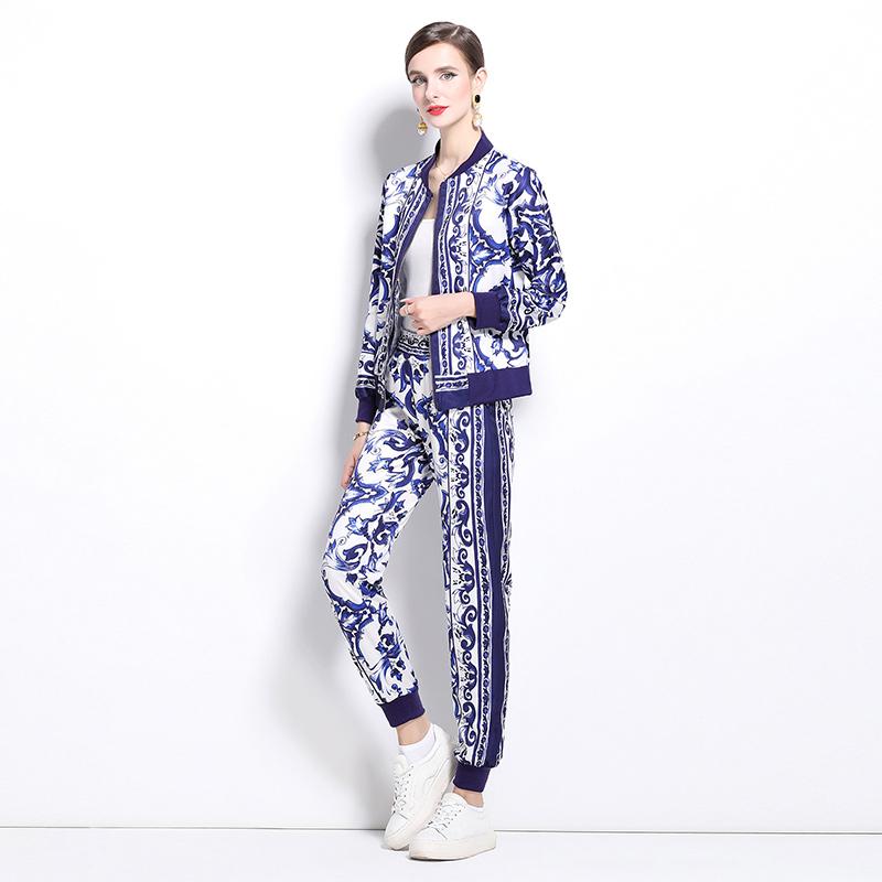 Весна Осень Модный Дизайнерский Подиумный Комплект Из 2-х Частей Женский Куртка На Молнии Пальто И Эластичный Талия Карманный Костюм Узкие Брюки