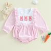 Baby Girls Easter Romper Ruffles Bunny Embroidery Stripe Pattern Long Sleeve Crew Neck Newborn Jumpsuit