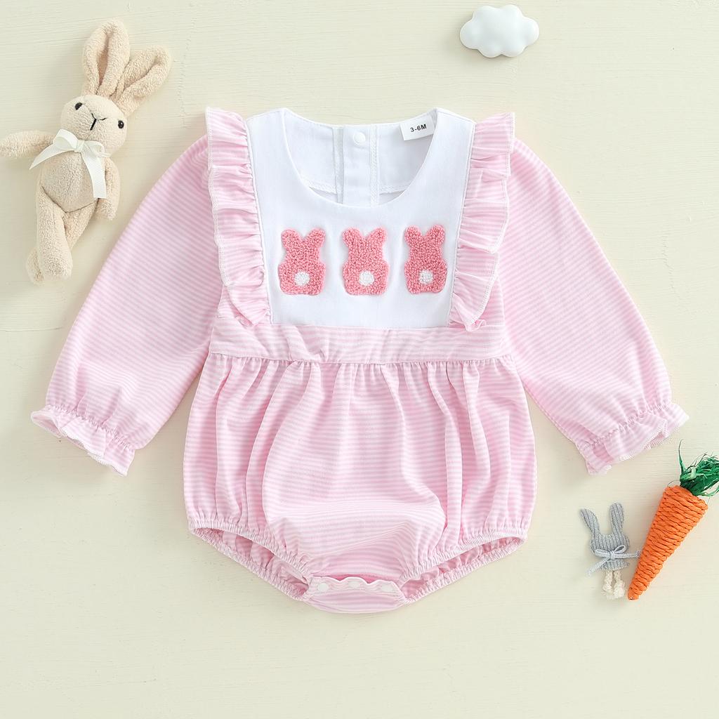 Baby Girls Easter Romper Ruffles Bunny Embroidery Stripe Pattern Long Sleeve Crew Neck Newborn Jumpsuit