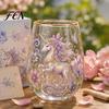 Forest Style Decorative Glass Hand Painted Tumbler, Egg Shaped Cup with Gold Rim, Clear Lead-Free Party Entertaining Glassware Mug for Tea Coffee Wine