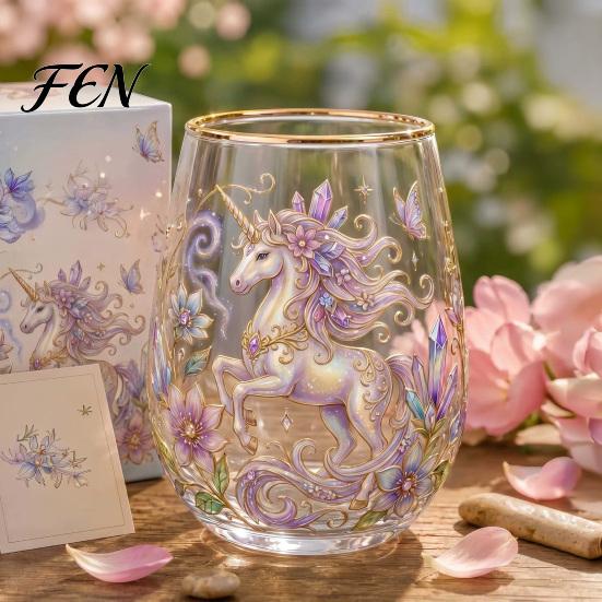 Forest Style Decorative Glass Hand Painted Tumbler, Egg Shaped Cup with Gold Rim, Clear Lead-Free Party Entertaining Glassware Mug for Tea Coffee Wine
