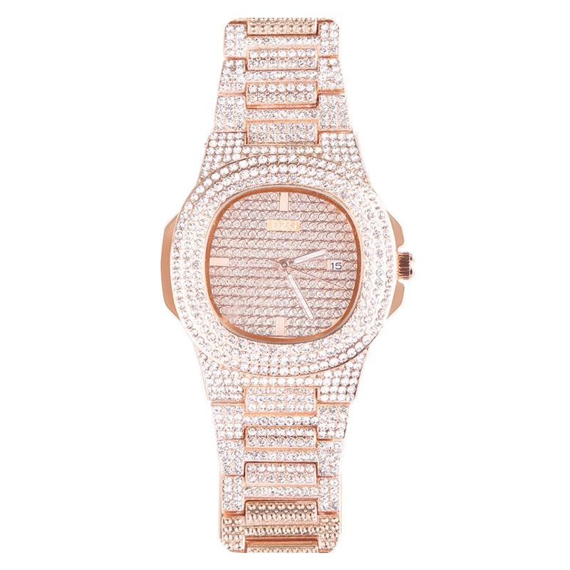 Women's Diamond-Studded Gold Fashion Square Watch with Rhinestone Calendar & Steel Band