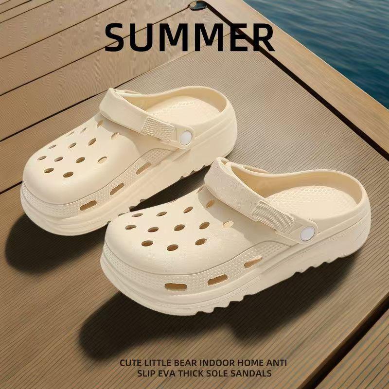 Женские пляжные туфли на толстой подошве с противоскользящим эффектом 2024: Закрытый носок, Дизайн с отверстиями, Полушлепанцы для летней уличной носки.